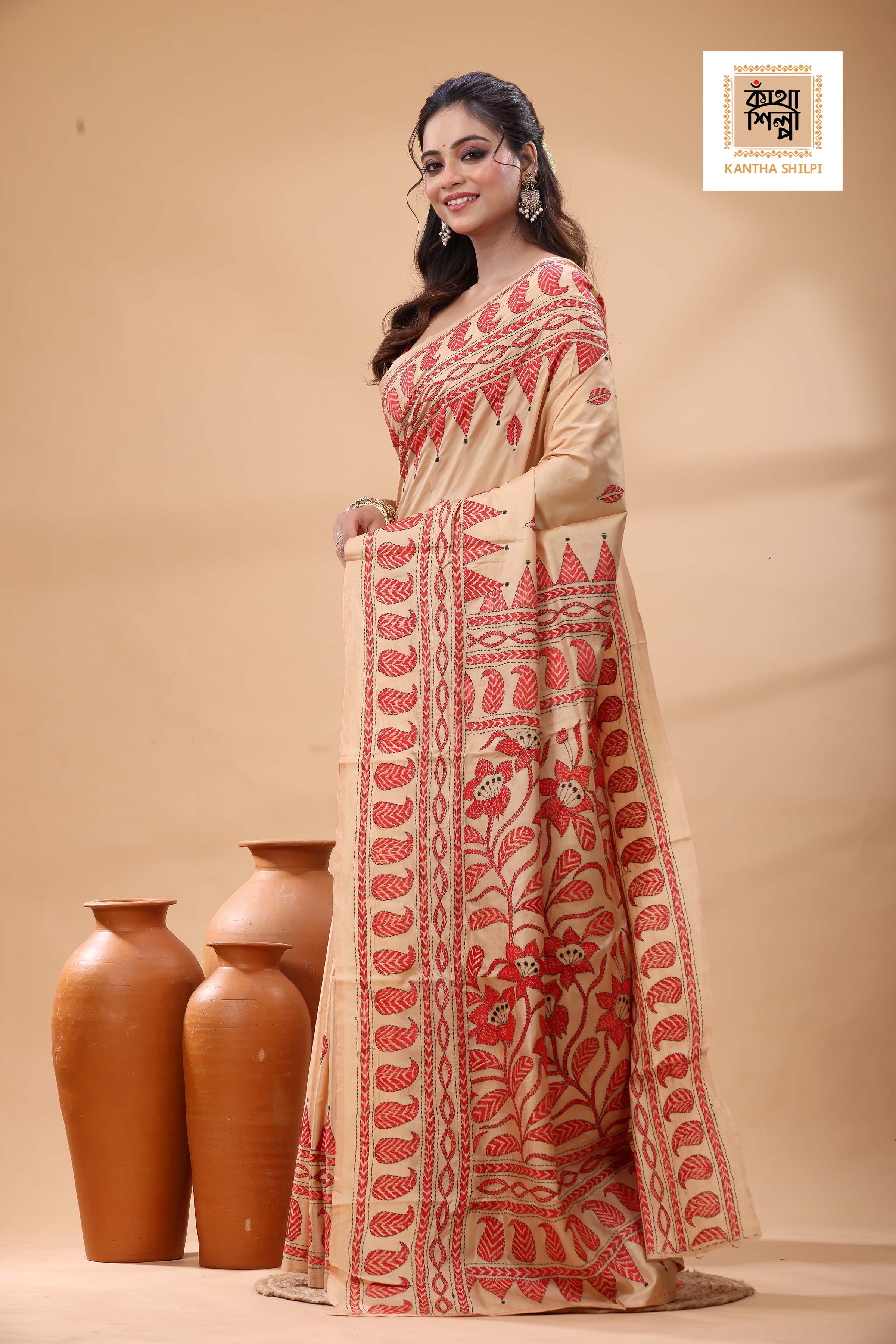Beige Pure Bangalore Silk Red Color Thread Work Kantha Stitch Saree