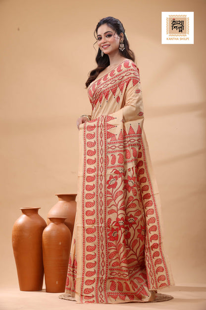 Beige Pure Bangalore Silk Red Color Thread Work Kantha Stitch Saree