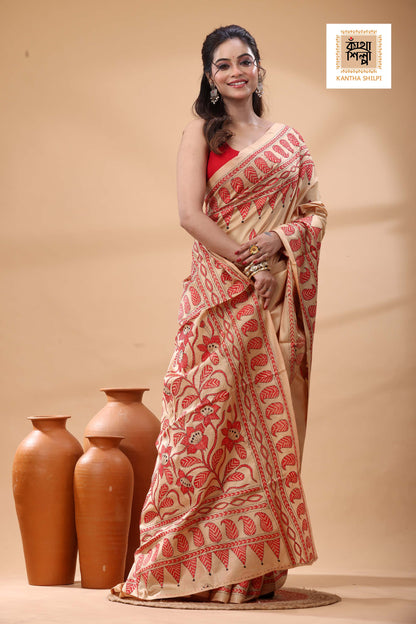 Beige Pure Bangalore Silk Red Color Thread Work Kantha Stitch Saree