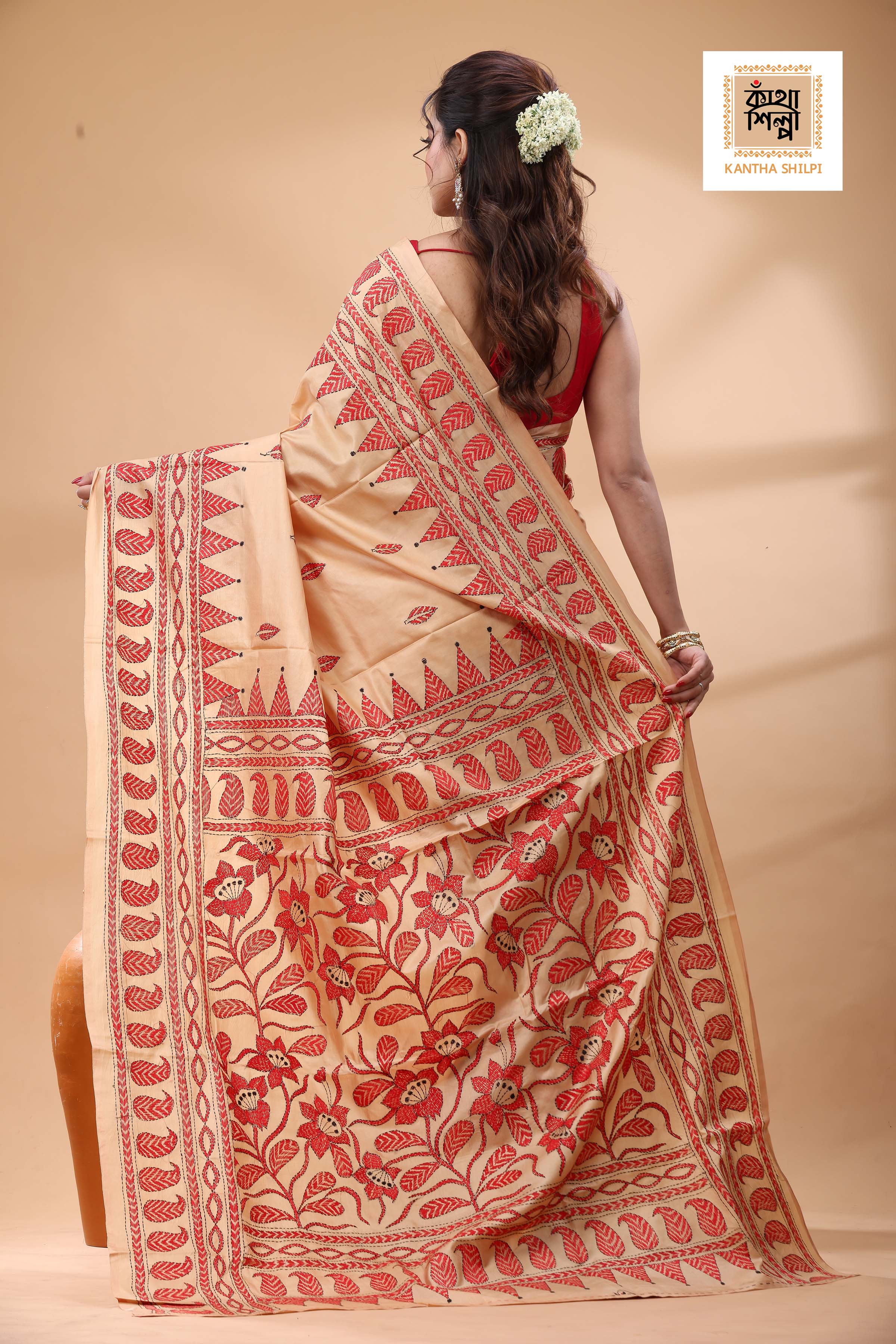 Beige Pure Bangalore Silk Red Color Thread Work Kantha Stitch Saree