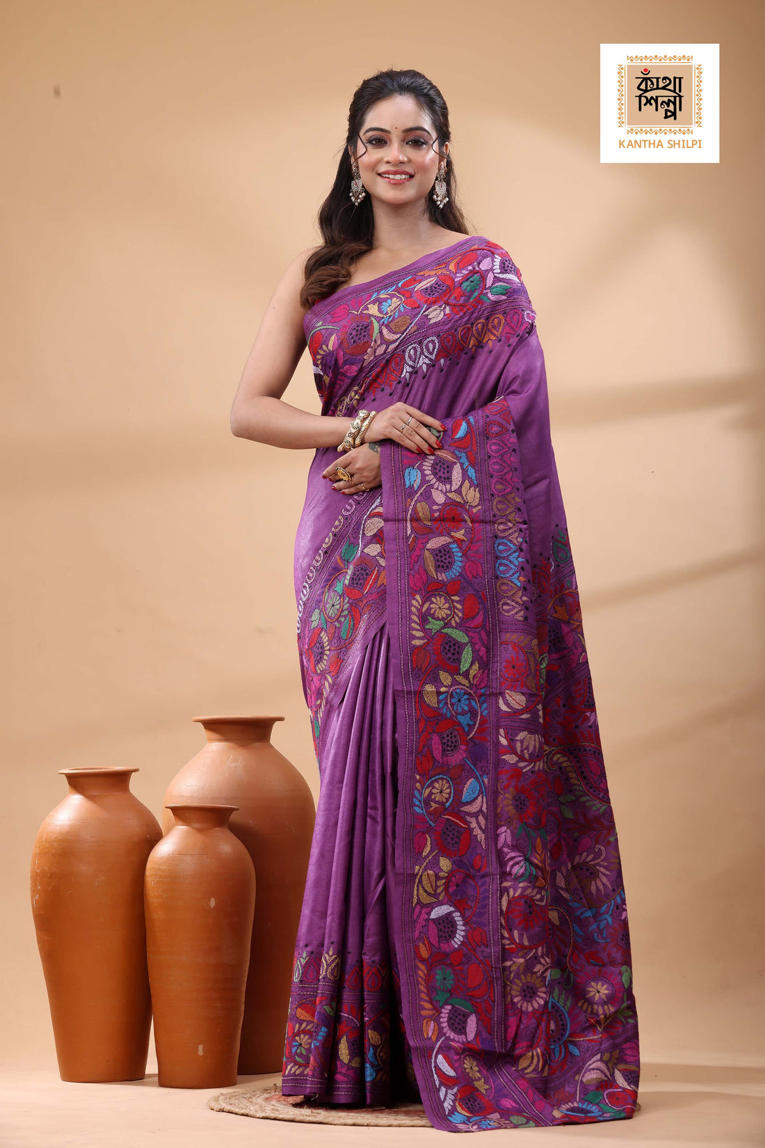 Pure Gachi Dye Tussar Multicolor Thread Work Kantha Stitch Saree