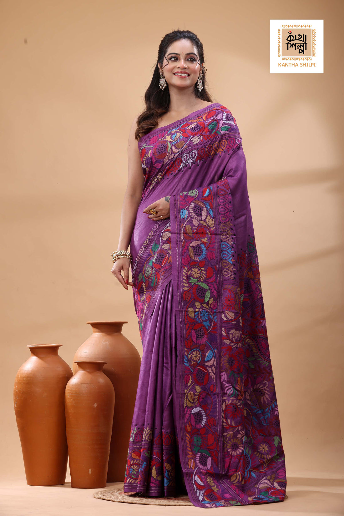 Pure Gachi Dye Tussar Multicolor Thread Work Kantha Stitch Saree