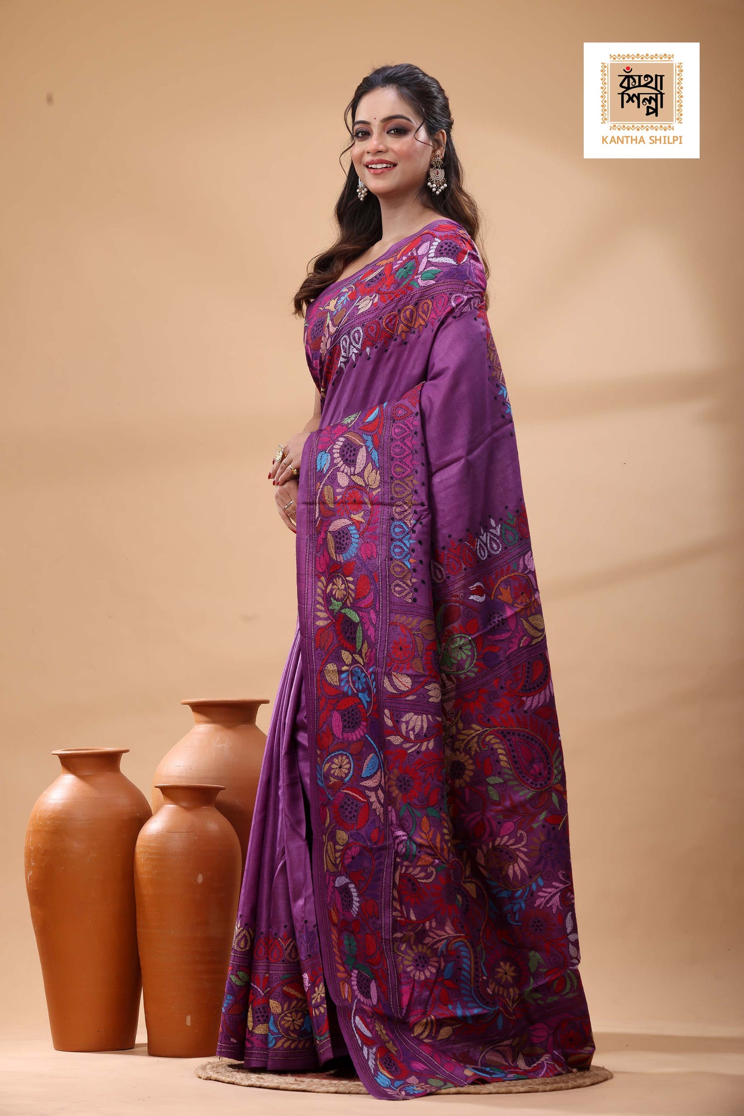 Pure Gachi Dye Tussar Multicolor Thread Work Kantha Stitch Saree
