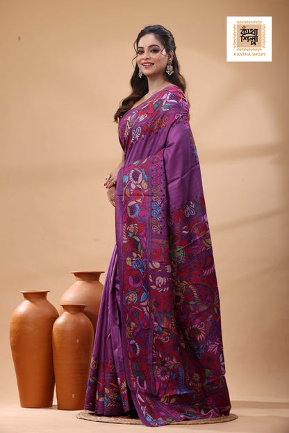 Pure Gachi Dye Tussar Multicolor Thread Work Kantha Stitch Saree