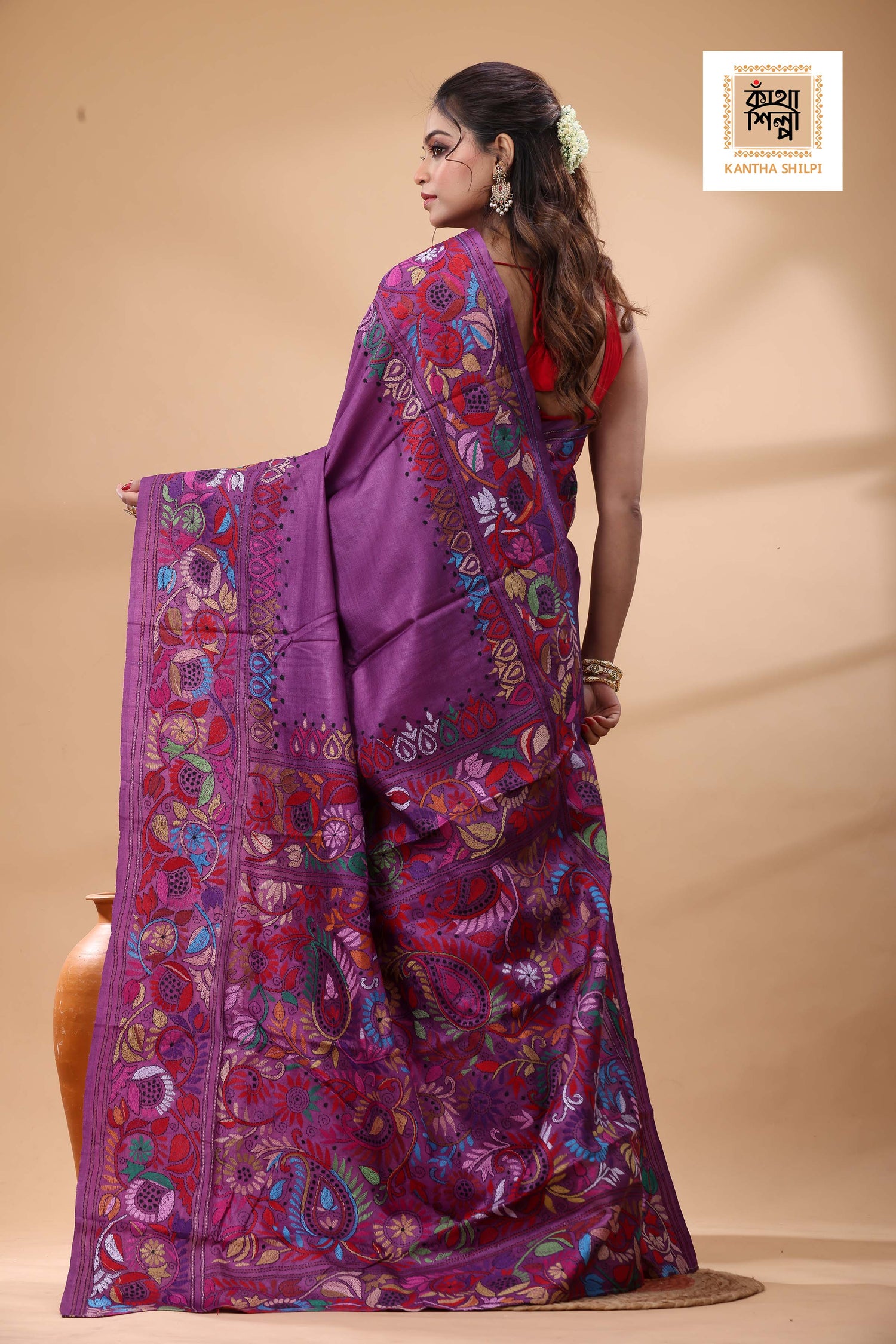 Pure Gachi Dye Tussar Multicolor Thread Work Kantha Stitch Saree