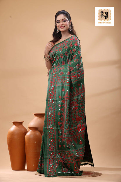 Pure Gachi Dye Tussar Red White Color Thread Work Kantha Stitch Saree