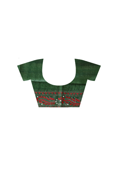 Pure Gachi Dye Tussar Red White Color Thread Work Kantha Stitch Saree