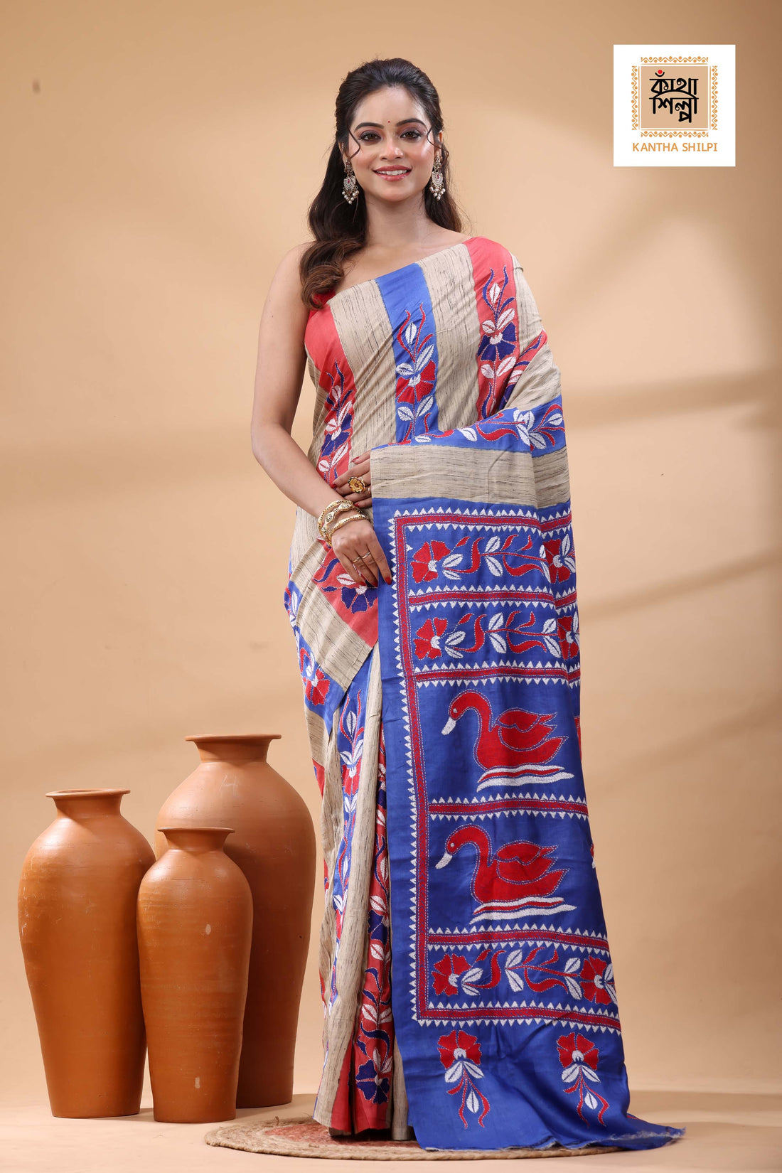 Pure Dye Tussar Red White Color Thread Work Kantha Stitch Saree