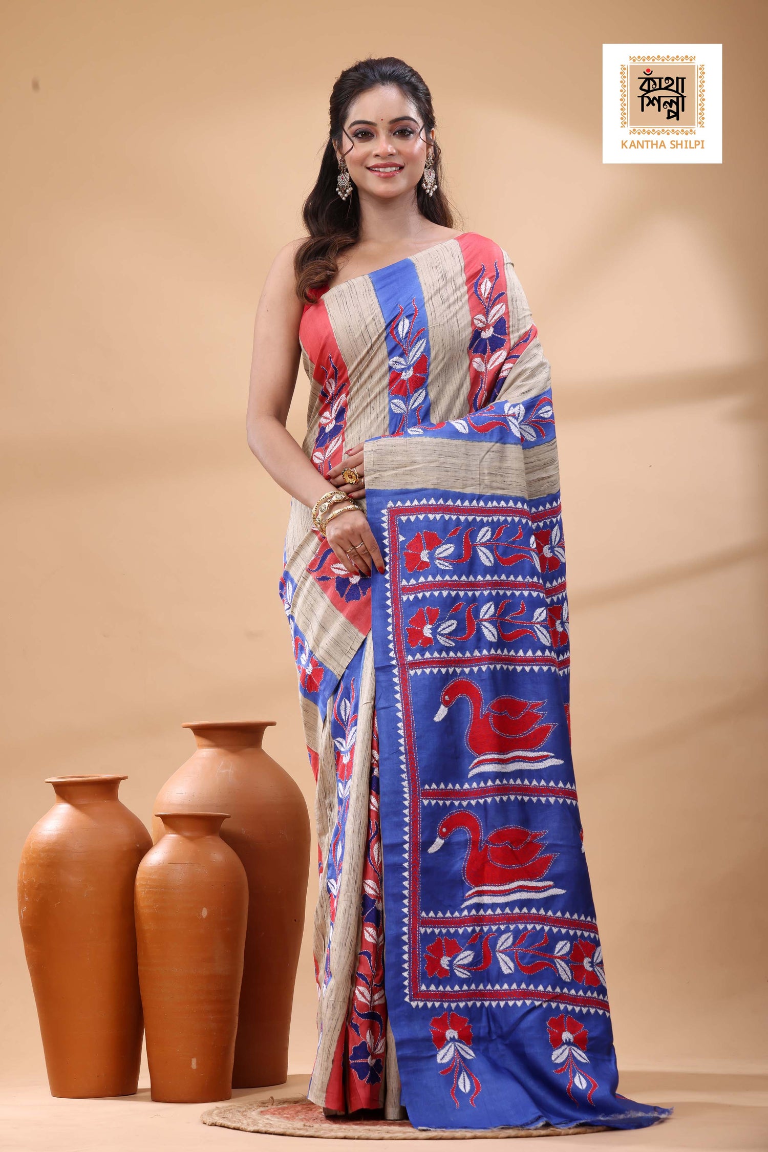 Pure Dye Tussar Red White Color Thread Work Kantha Stitch Saree
