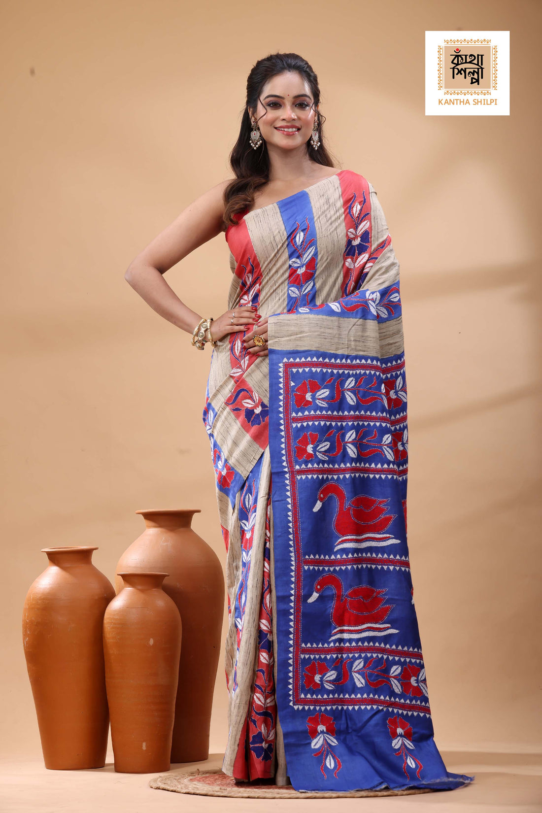 Pure Dye Tussar Red White Color Thread Work Kantha Stitch Saree