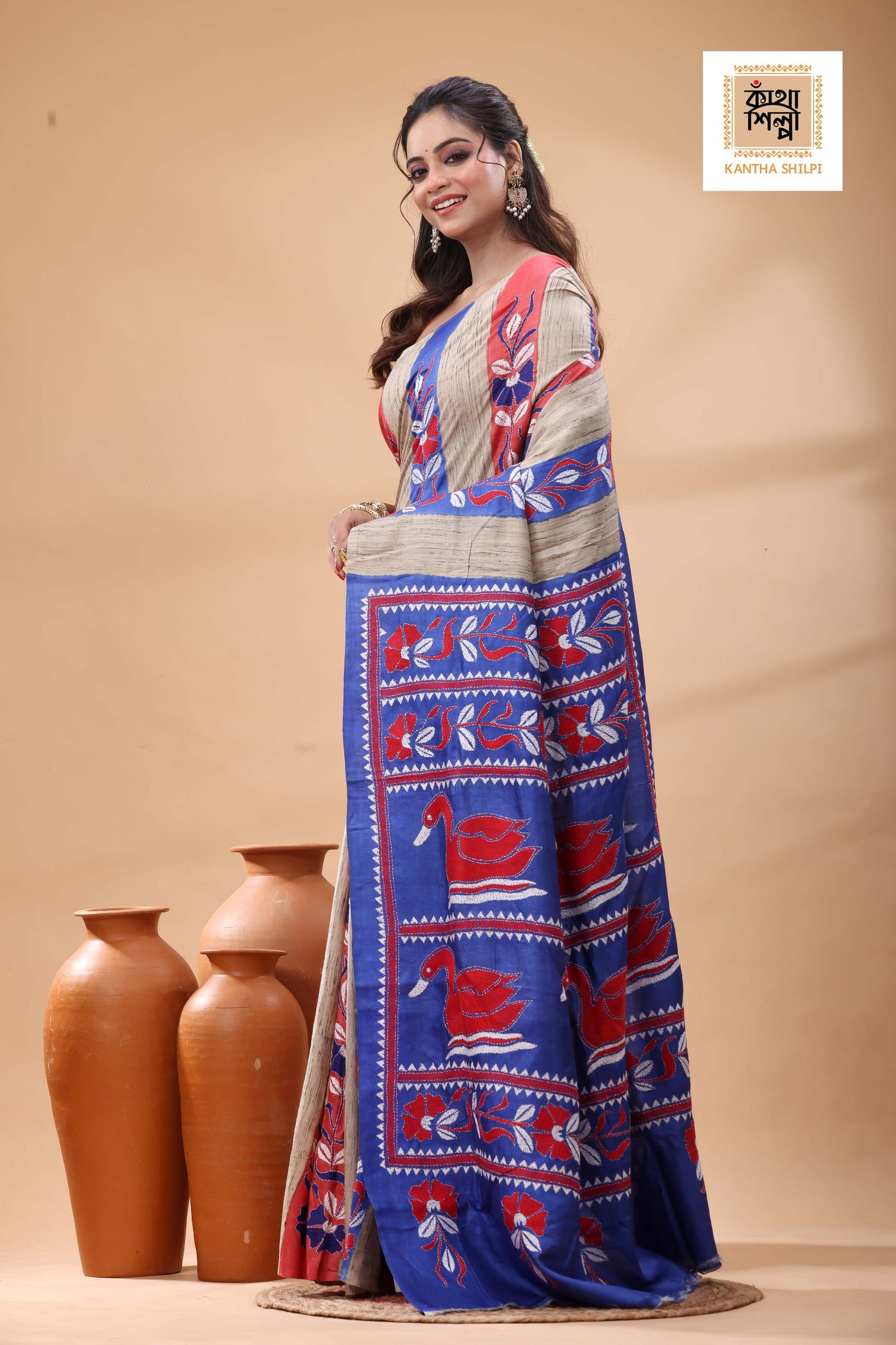 Pure Dye Tussar Red White Color Thread Work Kantha Stitch Saree