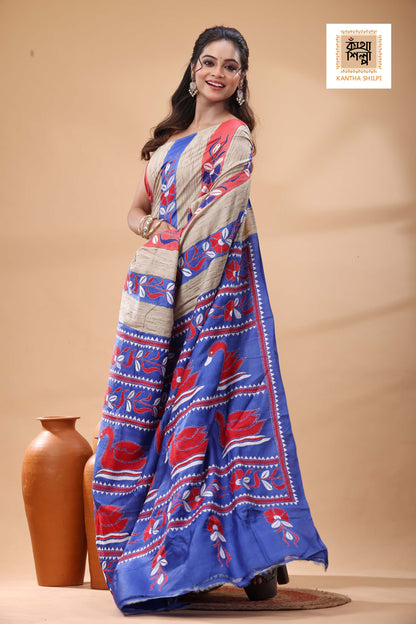 Pure Dye Tussar Red White Color Thread Work Kantha Stitch Saree