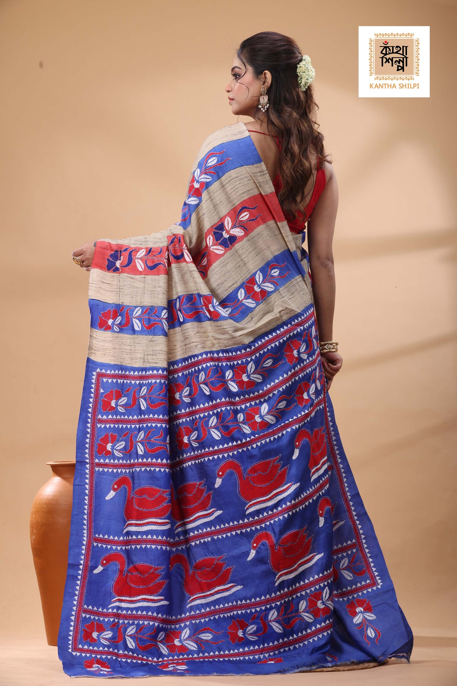 Pure Dye Tussar Red White Color Thread Work Kantha Stitch Saree