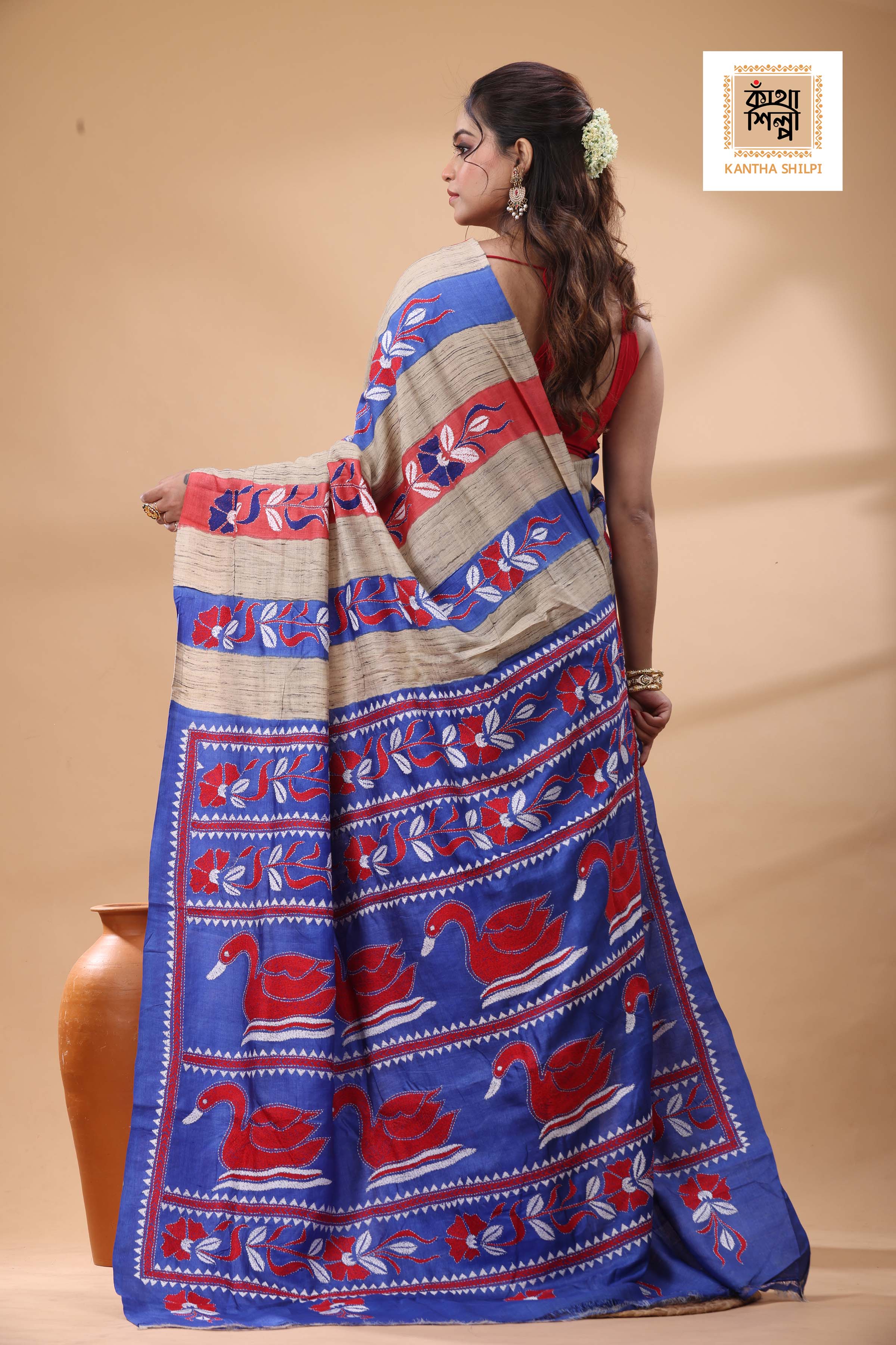 Pure Dye Tussar Red White Color Thread Work Kantha Stitch Saree