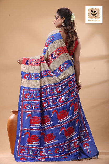 Pure Dye Tussar Red White Color Thread Work Kantha Stitch Saree