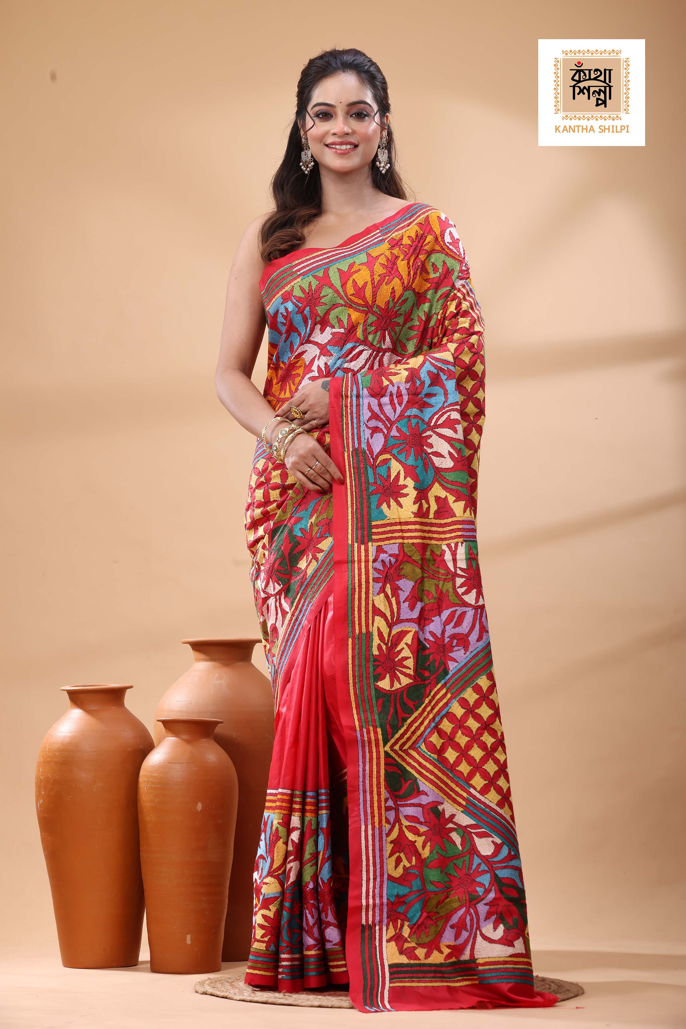 Red Pure Bangalore Silk Multicolor Thread Work Kantha Stitch Saree