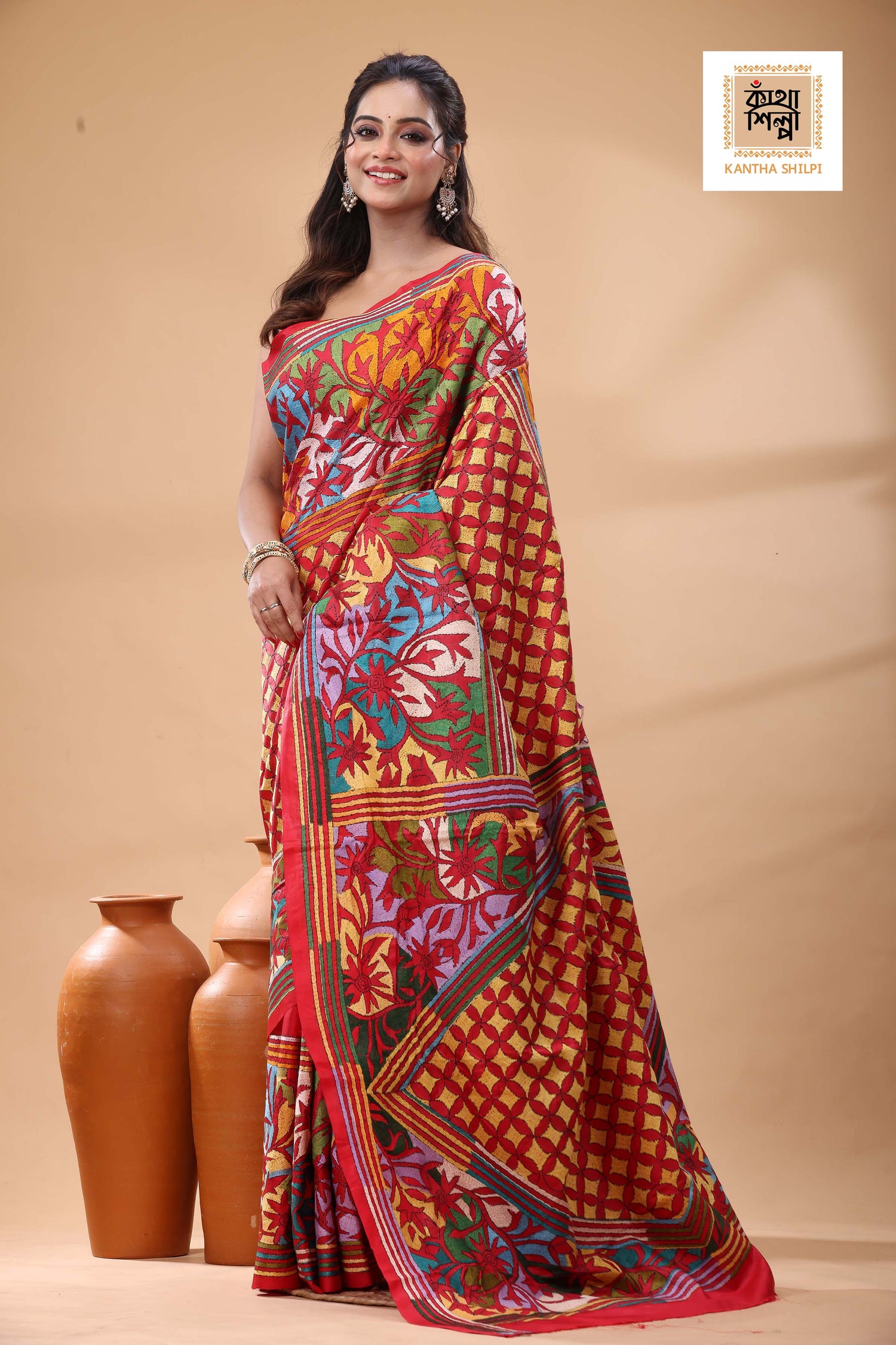 Red Pure Bangalore Silk Multicolor Thread Work Kantha Stitch Saree