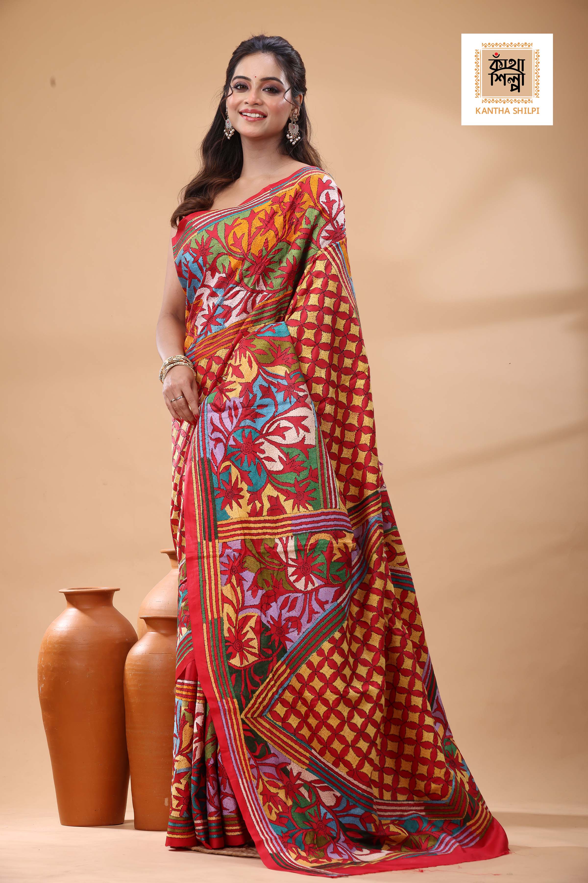 Red Pure Bangalore Silk Multicolor Thread Work Kantha Stitch Saree