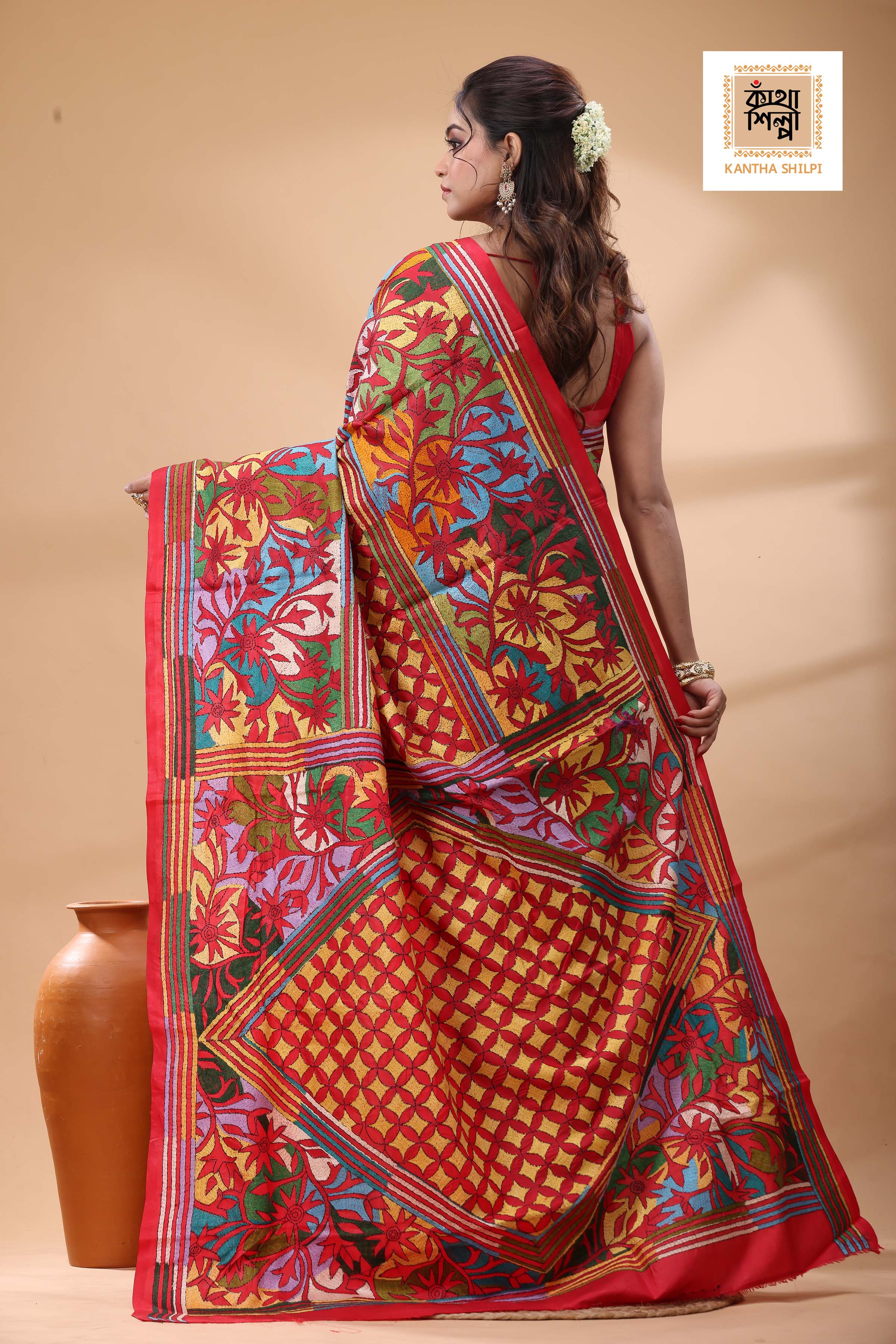 Red Pure Bangalore Silk Multicolor Thread Work Kantha Stitch Saree