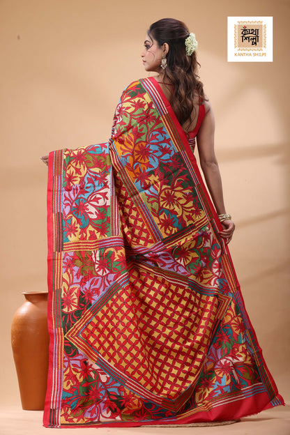 Red Pure Bangalore Silk Multicolor Thread Work Kantha Stitch Saree