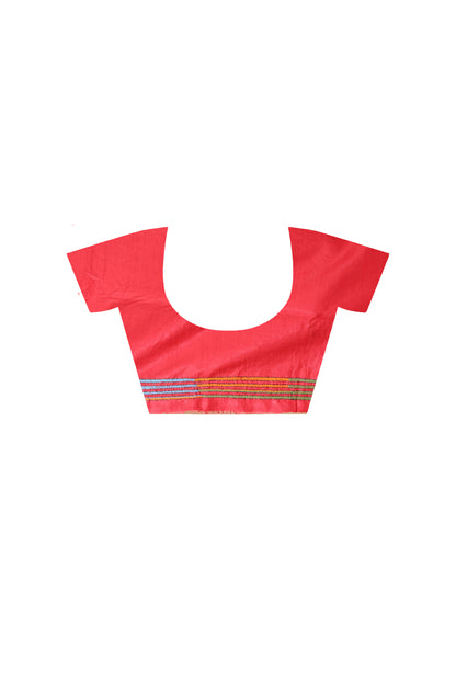 Red Pure Bangalore Silk Multicolor Thread Work Kantha Stitch Saree