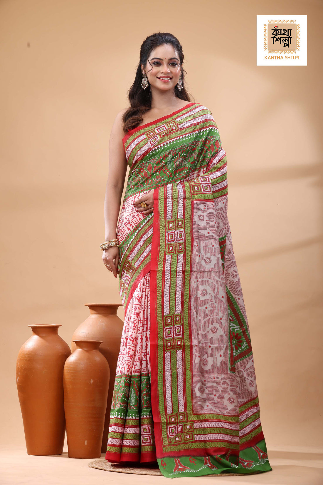 Multicolor Dye Pure Bangalore Silk Multicolor Thread Work Kantha Stitch Saree