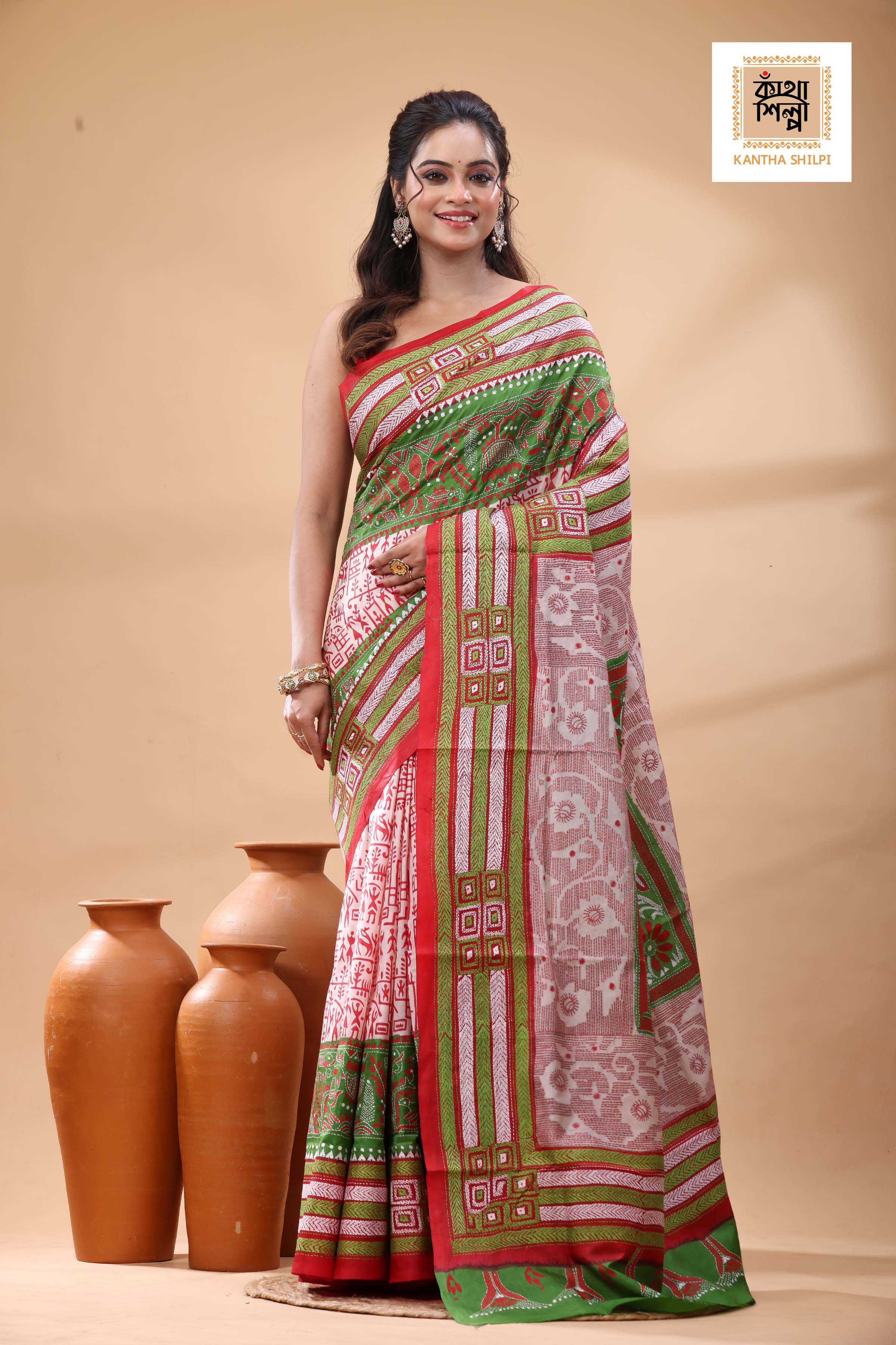 Multicolor Dye Pure Bangalore Silk Multicolor Thread Work Kantha Stitch Saree