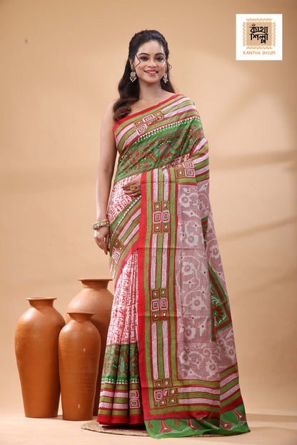 Multicolor Dye Pure Bangalore Silk Multicolor Thread Work Kantha Stitch Saree