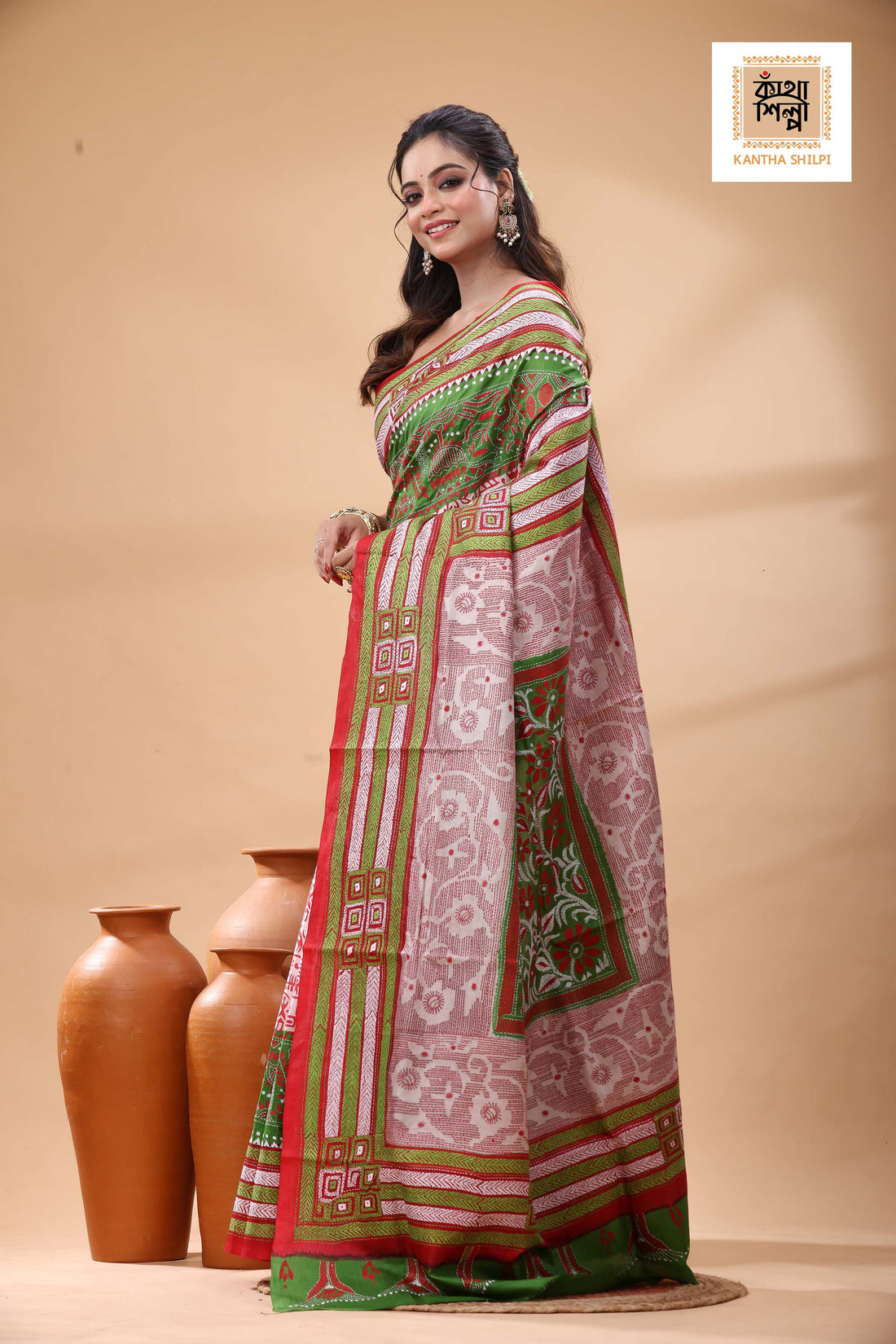 Multicolor Dye Pure Bangalore Silk Multicolor Thread Work Kantha Stitch Saree