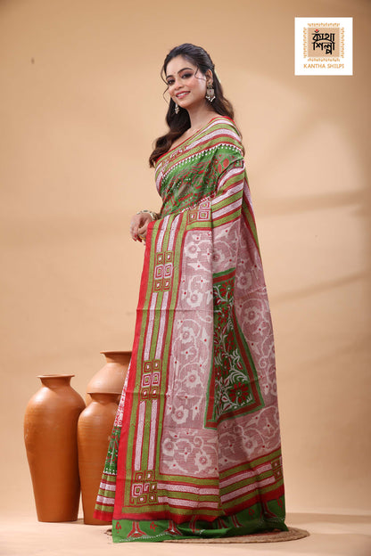 Multicolor Dye Pure Bangalore Silk Multicolor Thread Work Kantha Stitch Saree