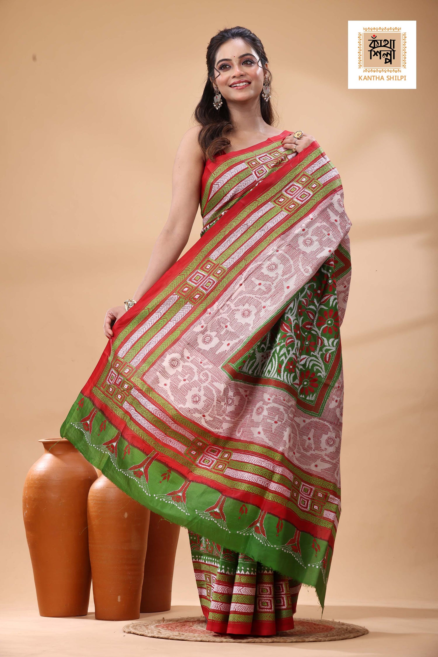 Multicolor Dye Pure Bangalore Silk Multicolor Thread Work Kantha Stitch Saree