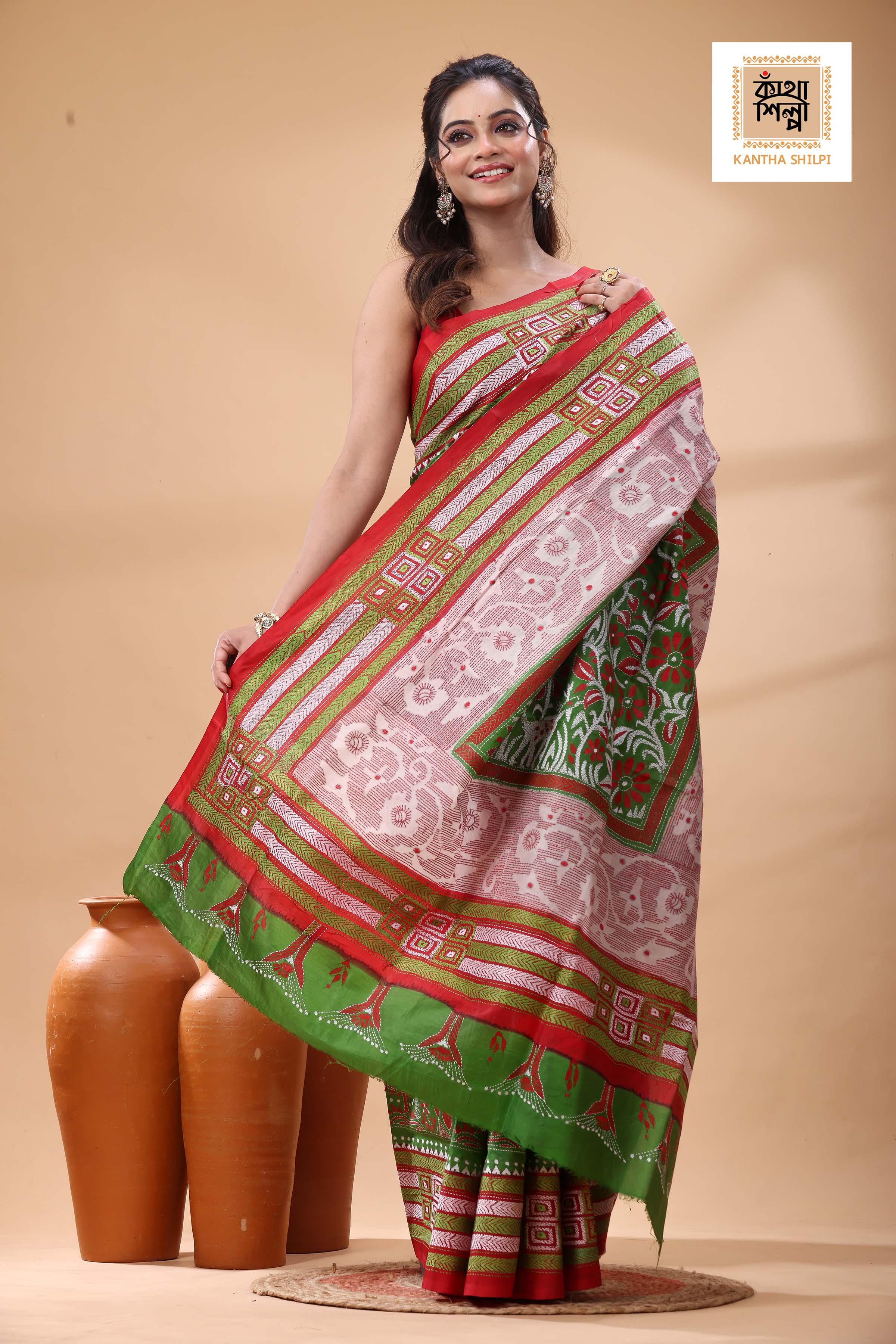 Multicolor Dye Pure Bangalore Silk Multicolor Thread Work Kantha Stitch Saree