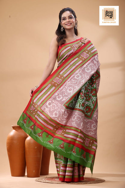 Multicolor Dye Pure Bangalore Silk Multicolor Thread Work Kantha Stitch Saree