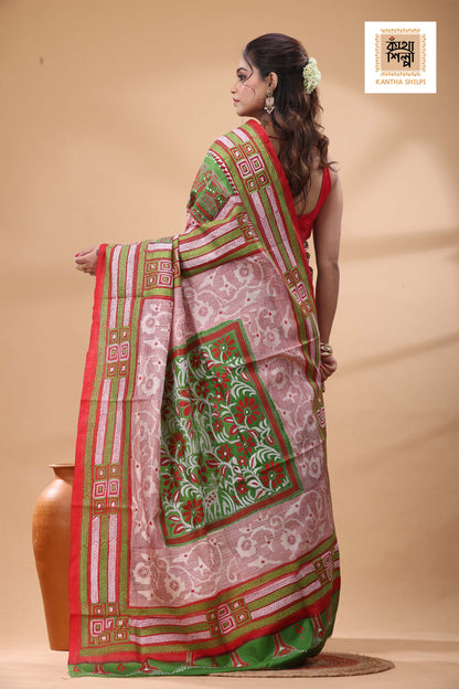 Multicolor Dye Pure Bangalore Silk Multicolor Thread Work Kantha Stitch Saree