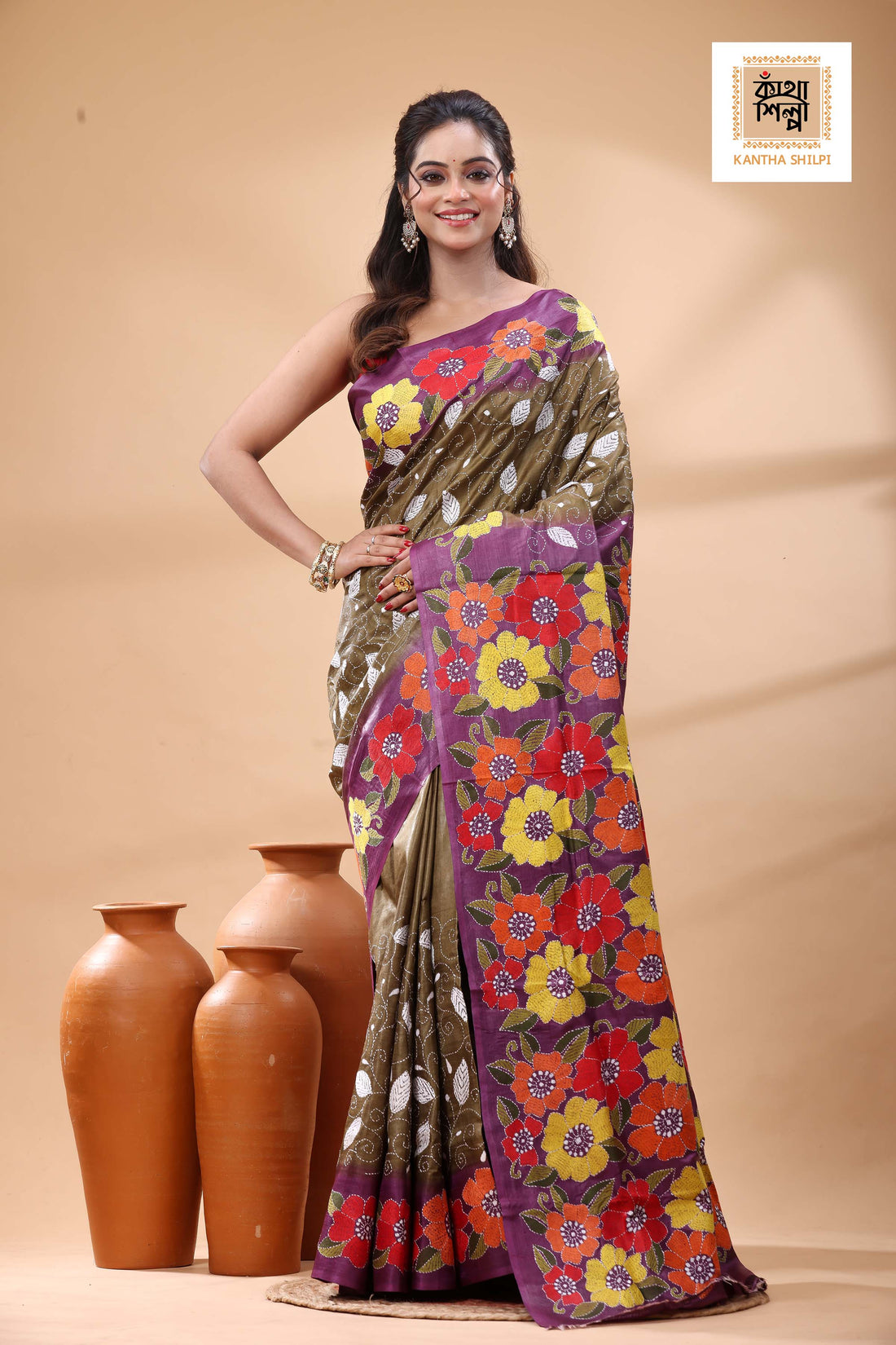 Pure Dye Gachi Tussar Multicolor Thread Work Kantha Stitch Saree