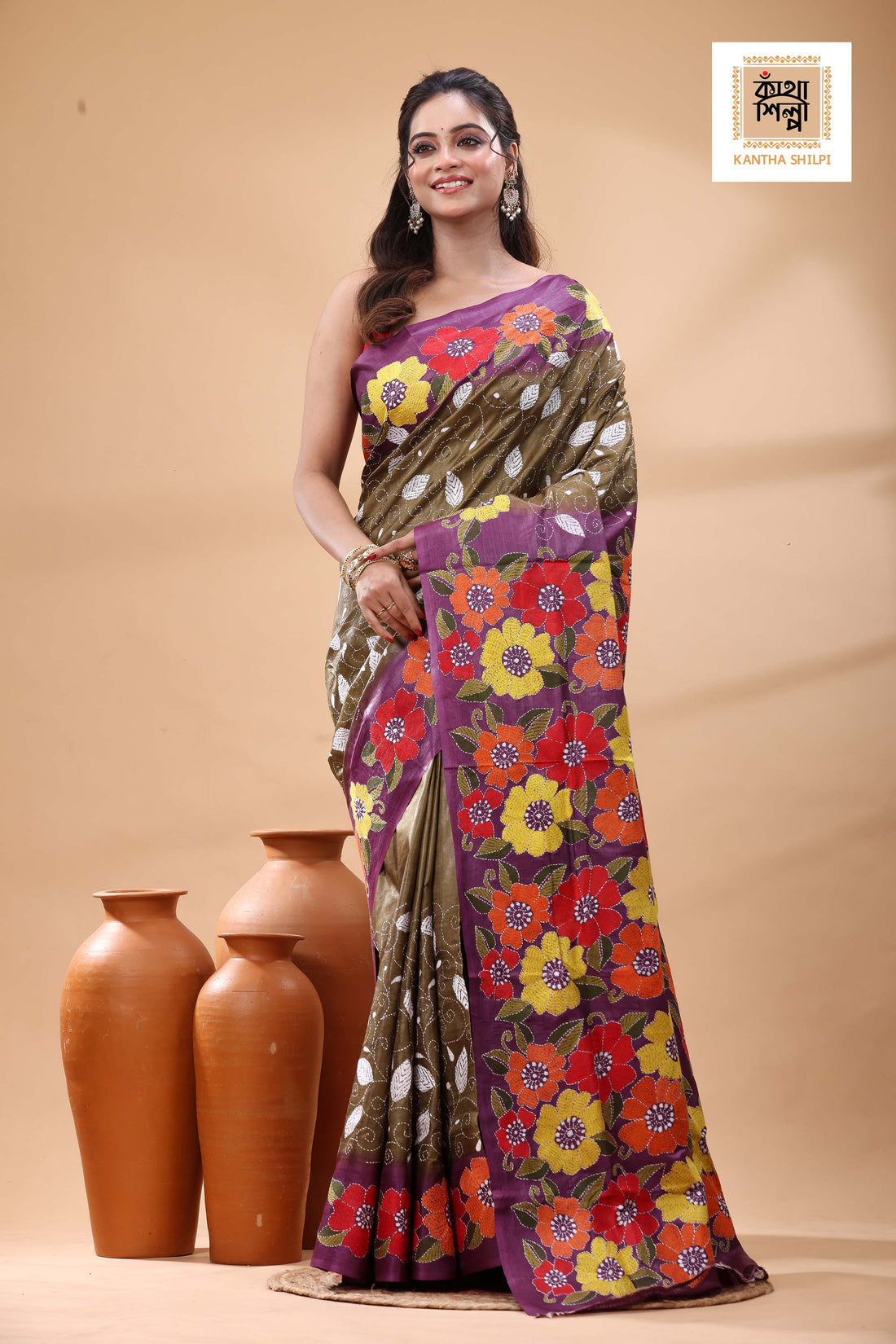 Pure Dye Gachi Tussar Multicolor Thread Work Kantha Stitch Saree