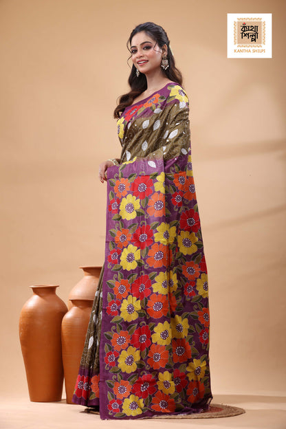Pure Dye Gachi Tussar Multicolor Thread Work Kantha Stitch Saree