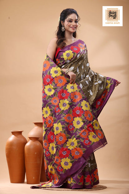 Pure Dye Gachi Tussar Multicolor Thread Work Kantha Stitch Saree
