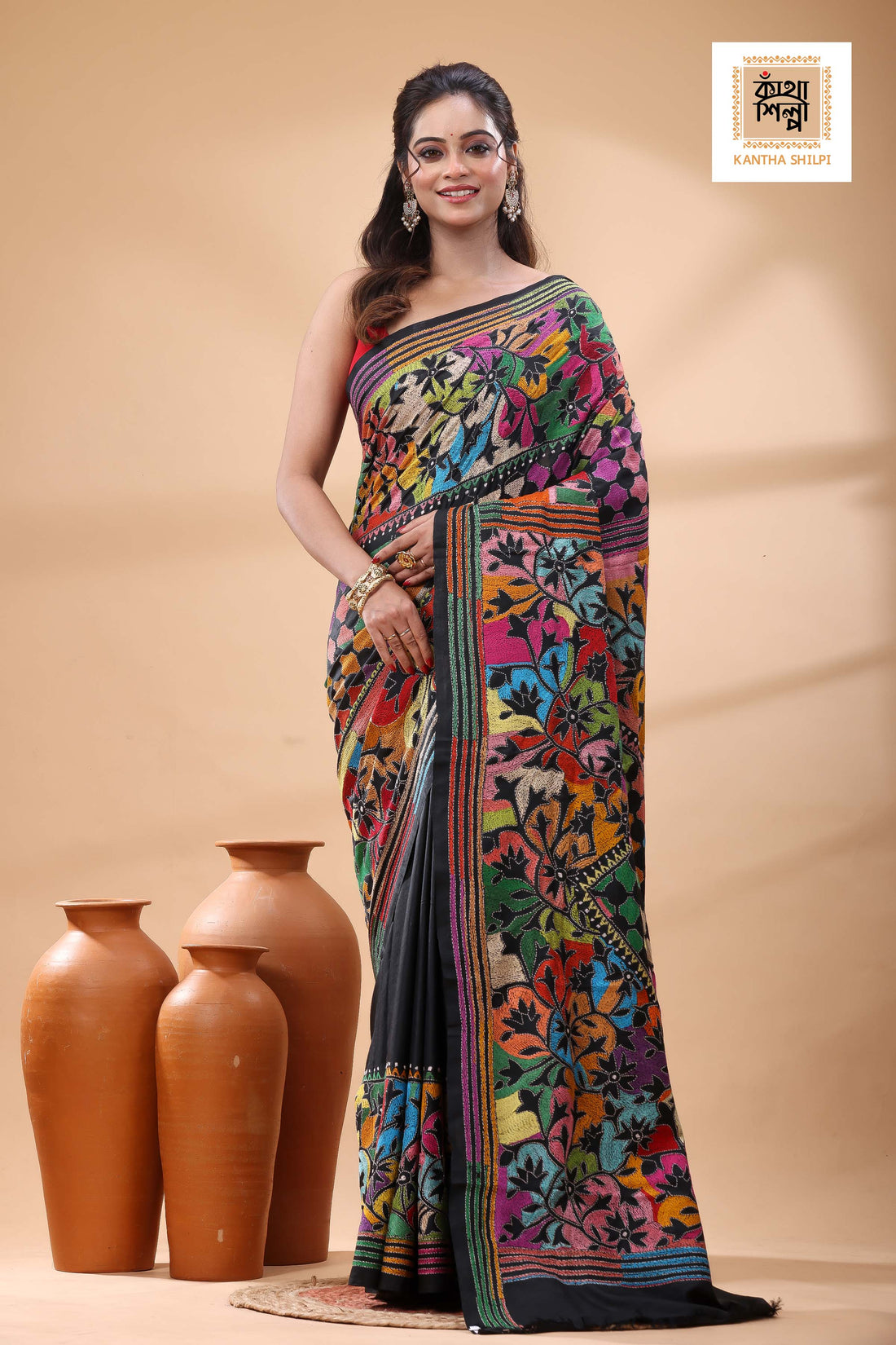 Black Pure Bangalore Silk Multicolor Thread Work Kantha Stitch Saree