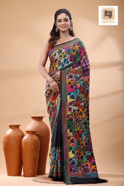 Black Pure Bangalore Silk Multicolor Thread Work Kantha Stitch Saree