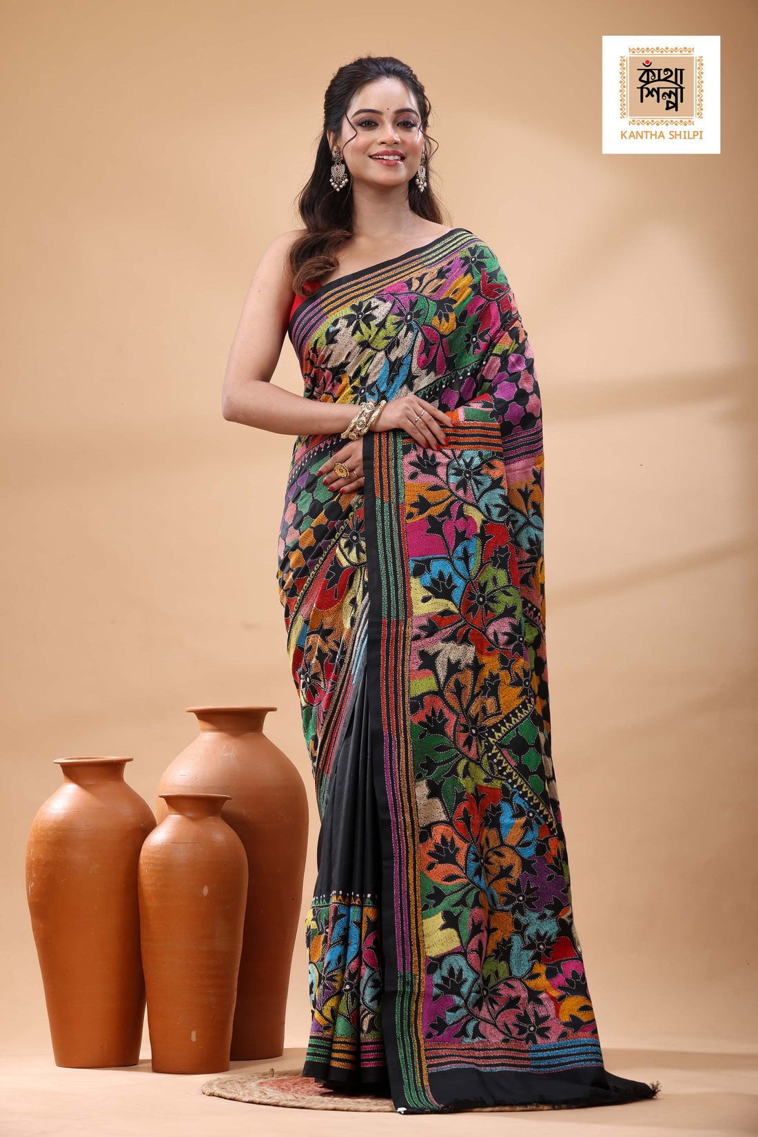 Black Pure Bangalore Silk Multicolor Thread Work Kantha Stitch Saree