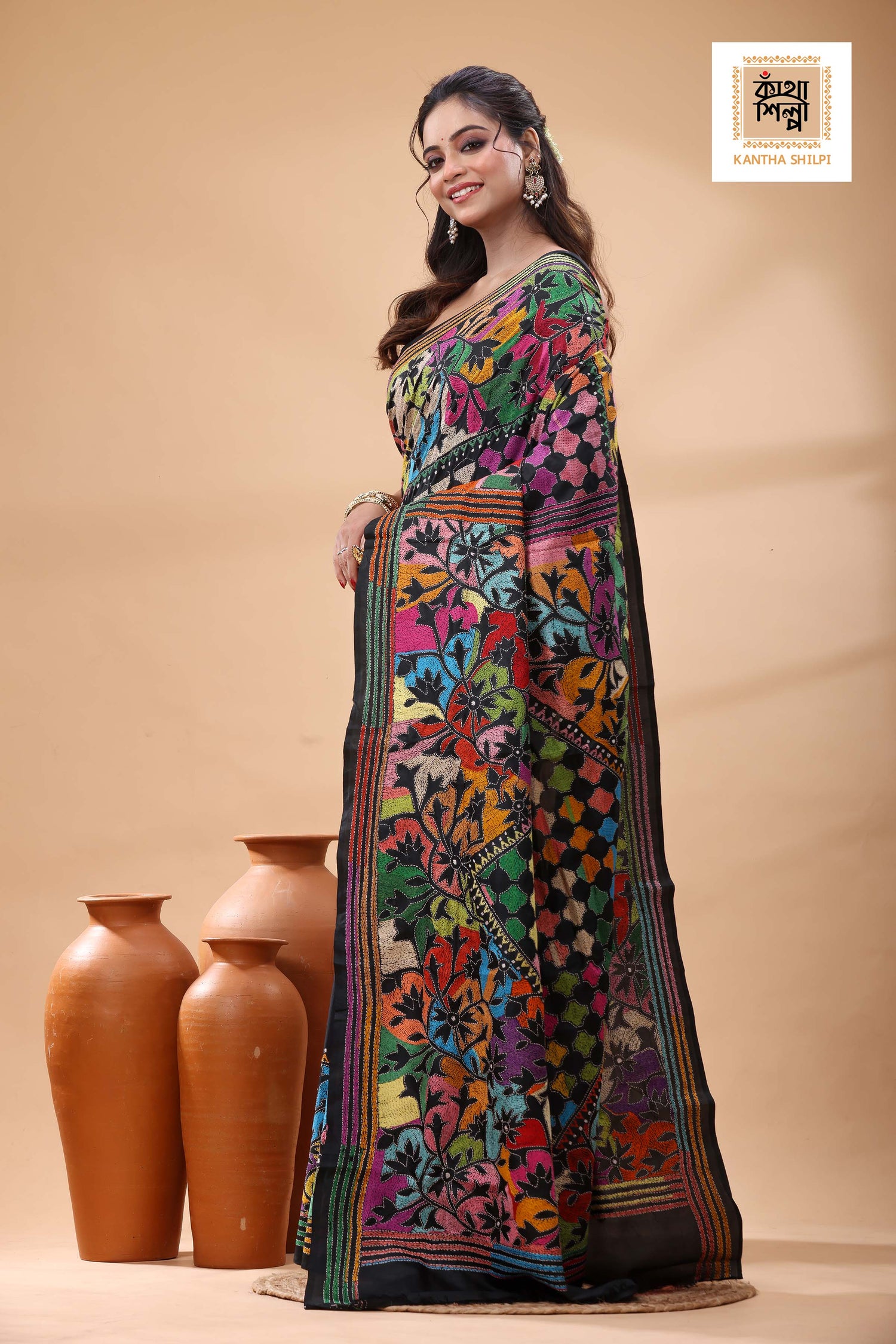 Black Pure Bangalore Silk Multicolor Thread Work Kantha Stitch Saree