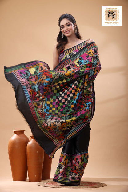 Black Pure Bangalore Silk Multicolor Thread Work Kantha Stitch Saree