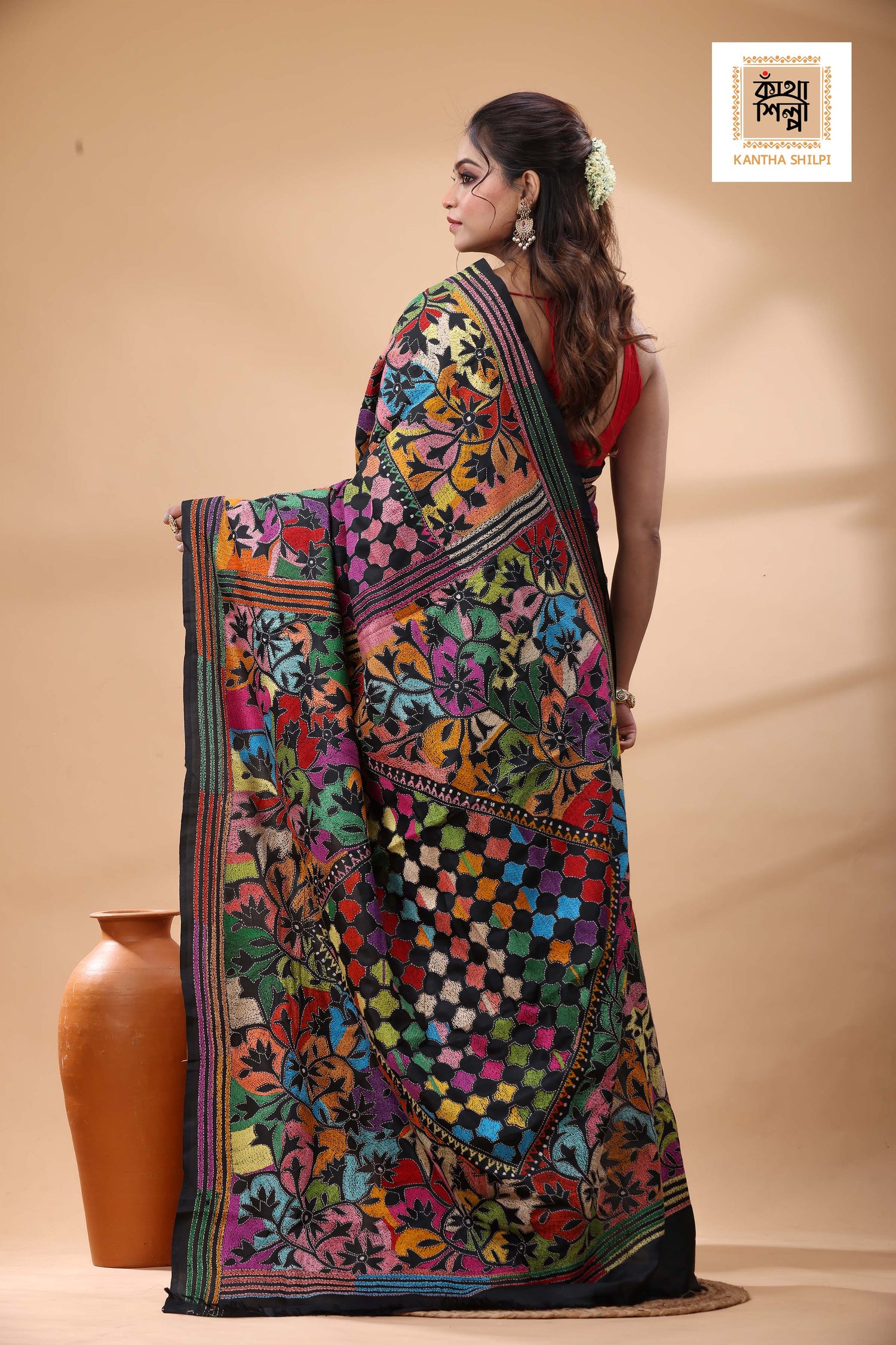 Black Pure Bangalore Silk Multicolor Thread Work Kantha Stitch Saree