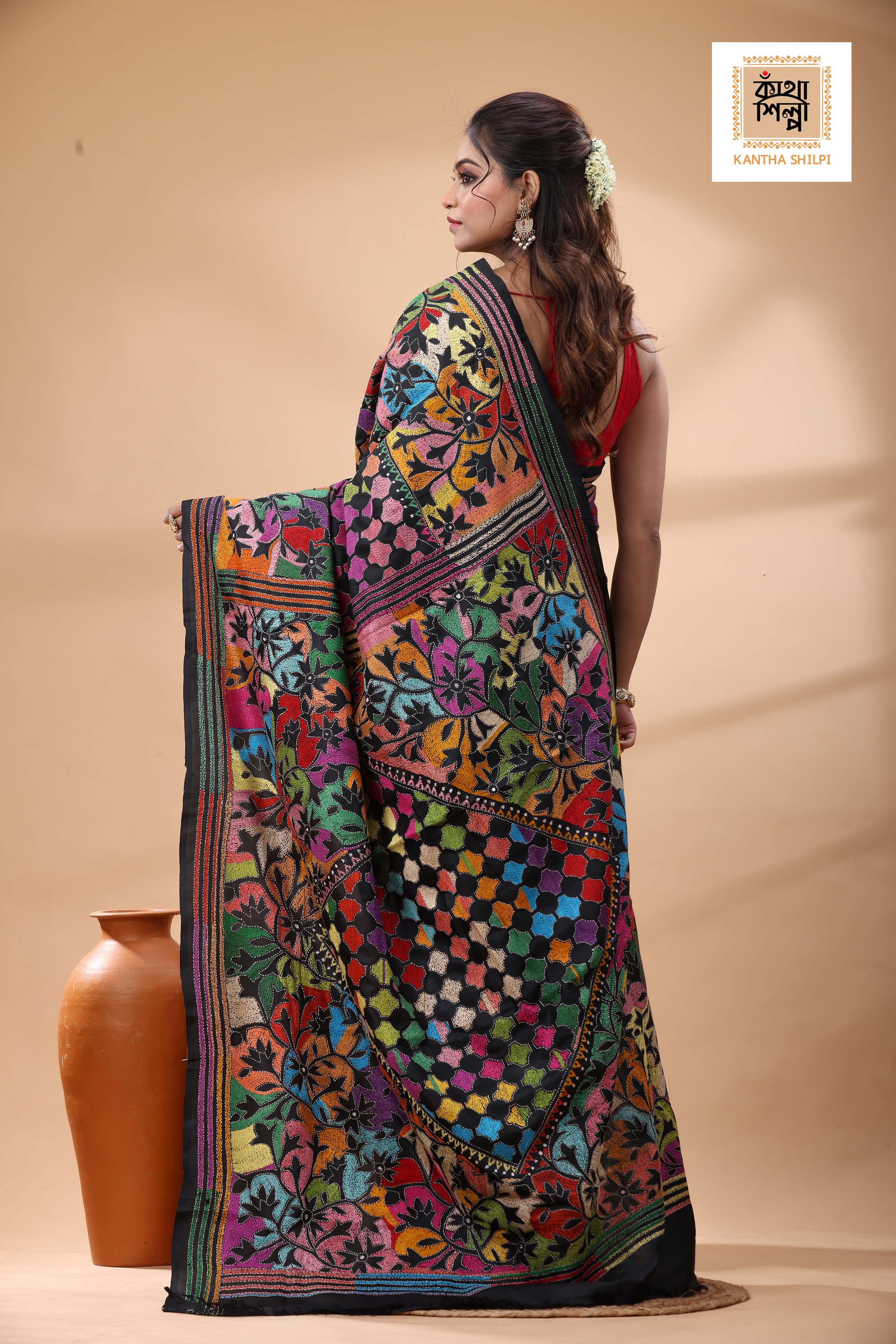Black Pure Bangalore Silk Multicolor Thread Work Kantha Stitch Saree