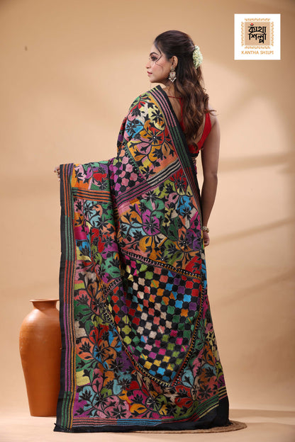 Black Pure Bangalore Silk Multicolor Thread Work Kantha Stitch Saree