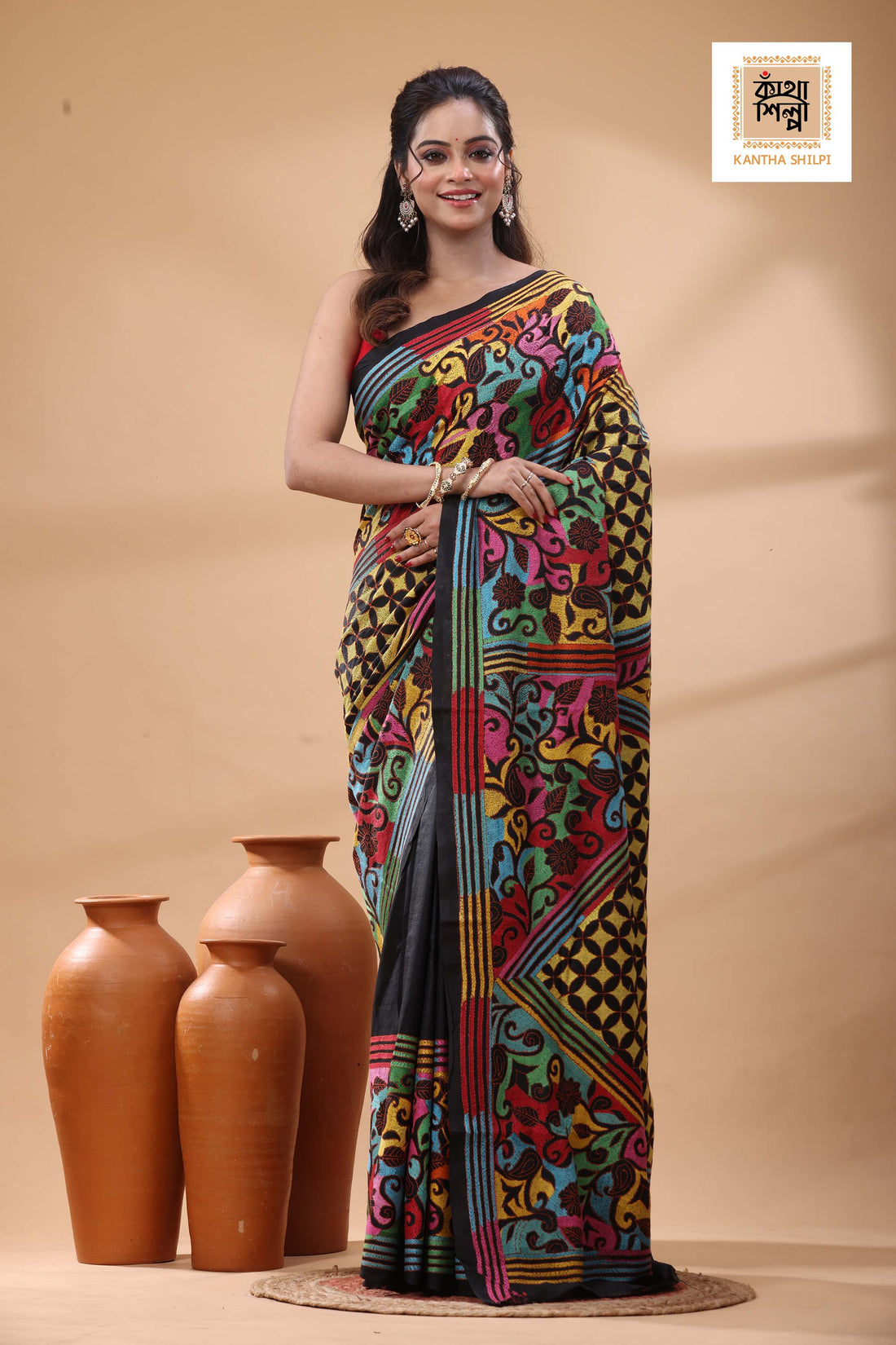 Black Pure Bangalore Silk Multicolor Thread Work Kantha Stitch Saree