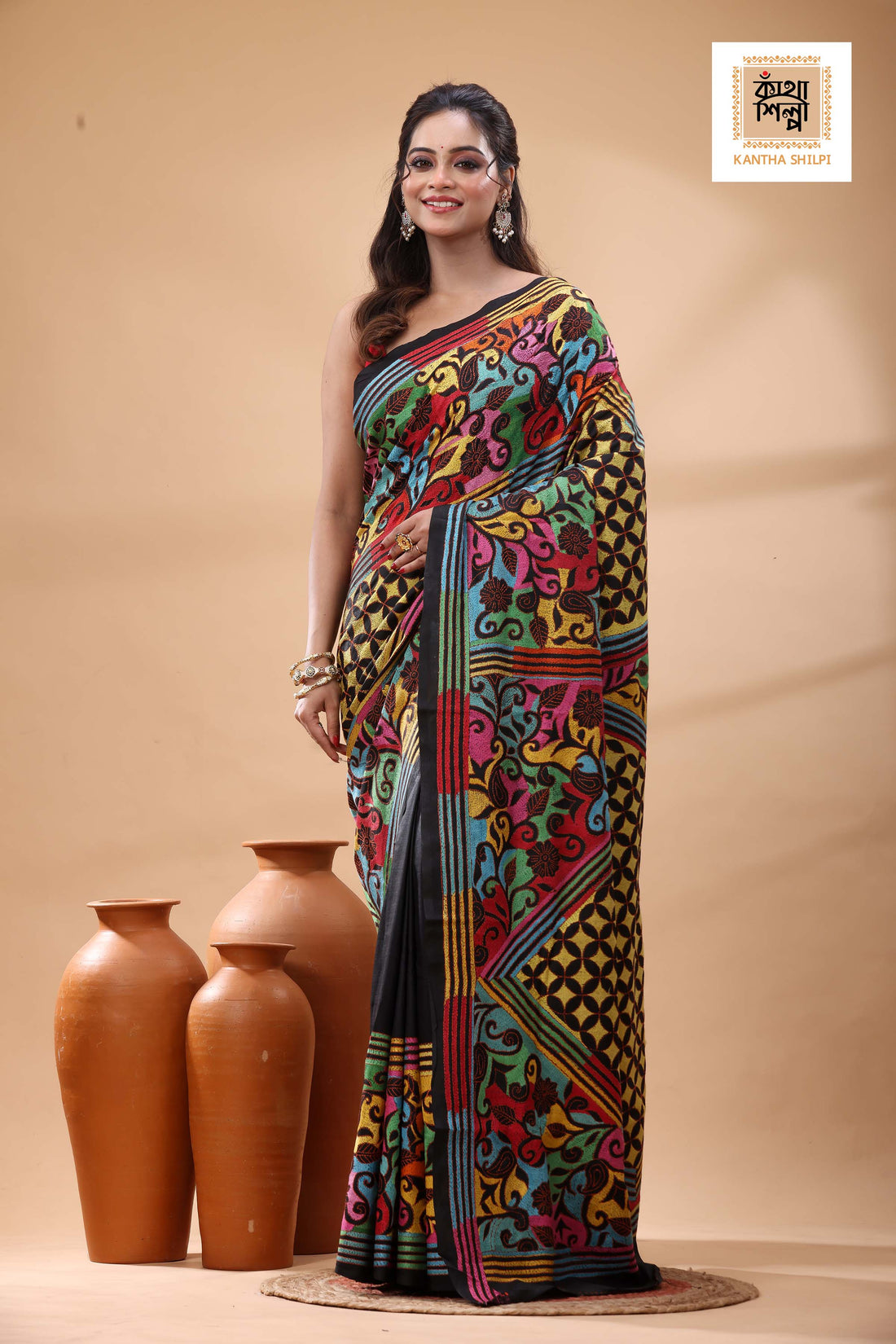Black Pure Bangalore Silk Multicolor Thread Work Kantha Stitch Saree