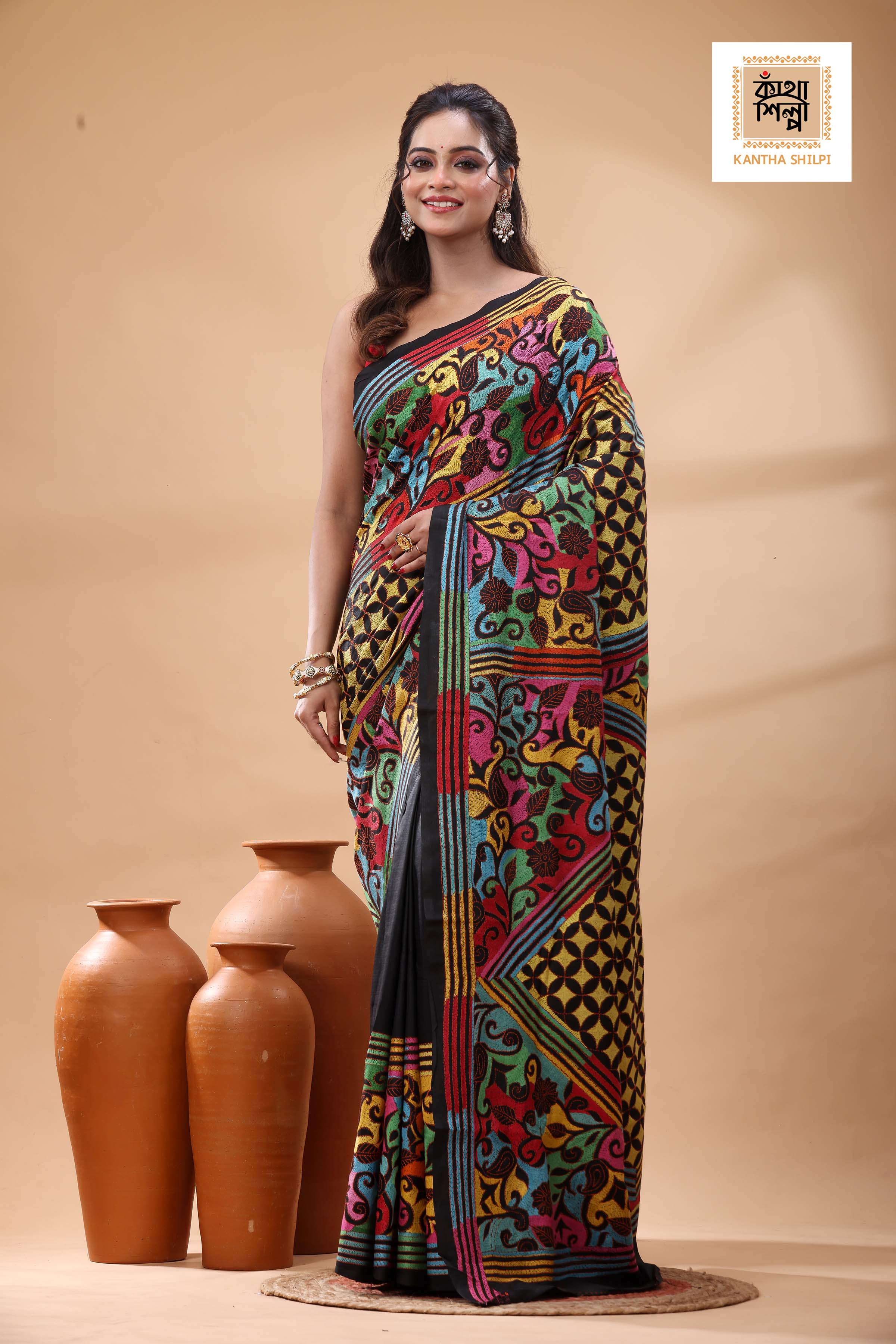 Black Pure Bangalore Silk Multicolor Thread Work Kantha Stitch Saree