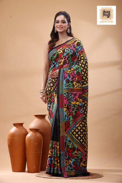 Black Pure Bangalore Silk Multicolor Thread Work Kantha Stitch Saree
